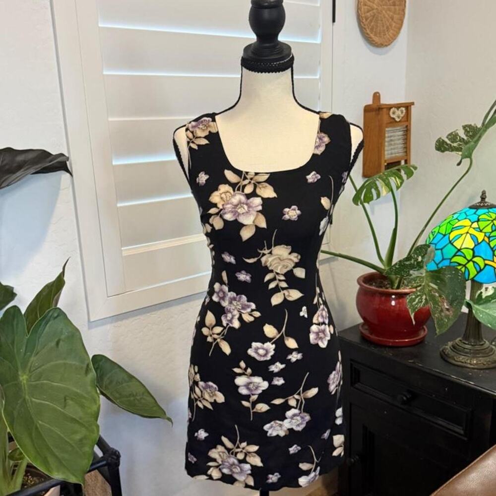 Vintage 90s Brentwood Black Floral Whimsigoth Grunge Rayon Mini Dress Small
